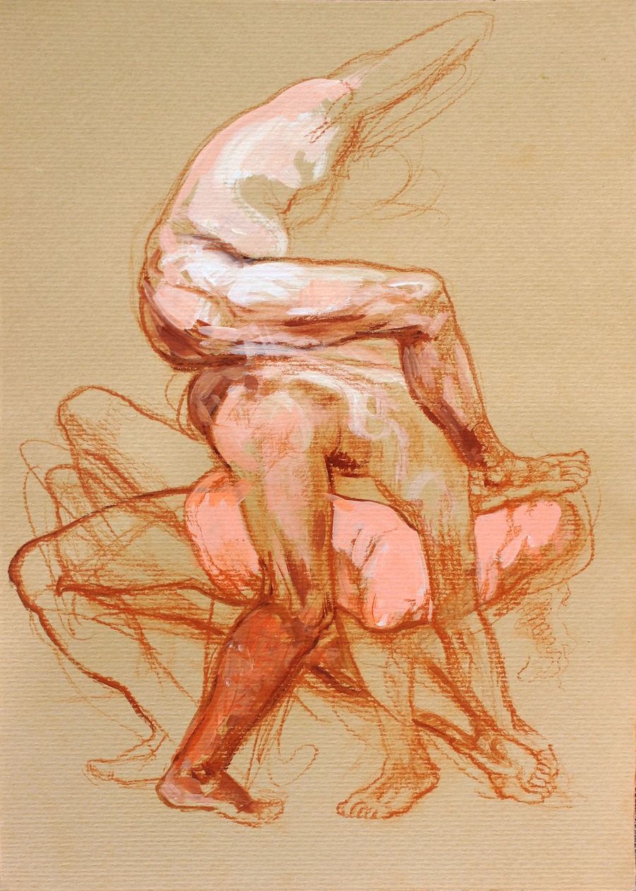 Sema Maşkılı, “Power and Surrender”, 2025, Acrylic et sanguine sur papier, 35 x 25 cm.